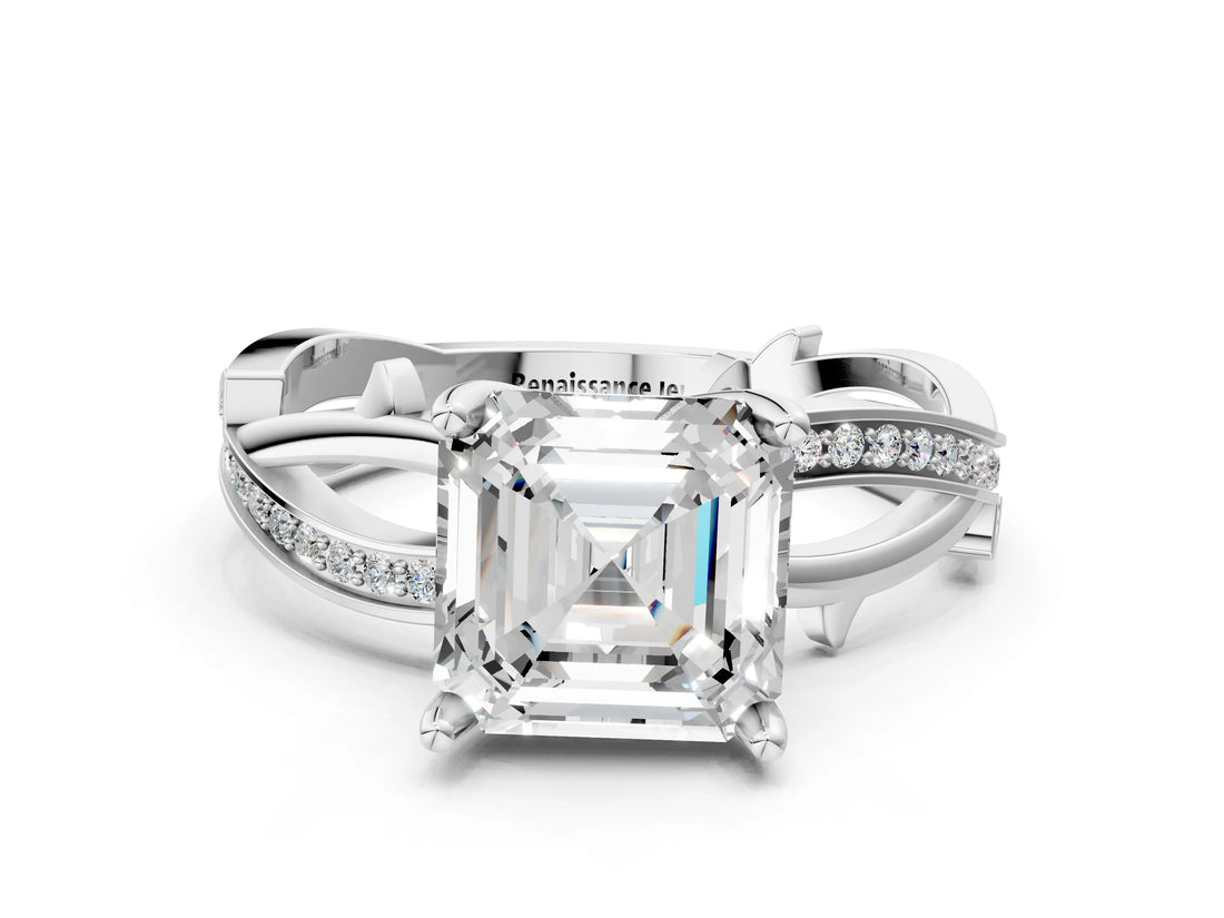 White gold Asscher Solitaire Twist Band with Pavé Accents and Four-Prong Setting_20