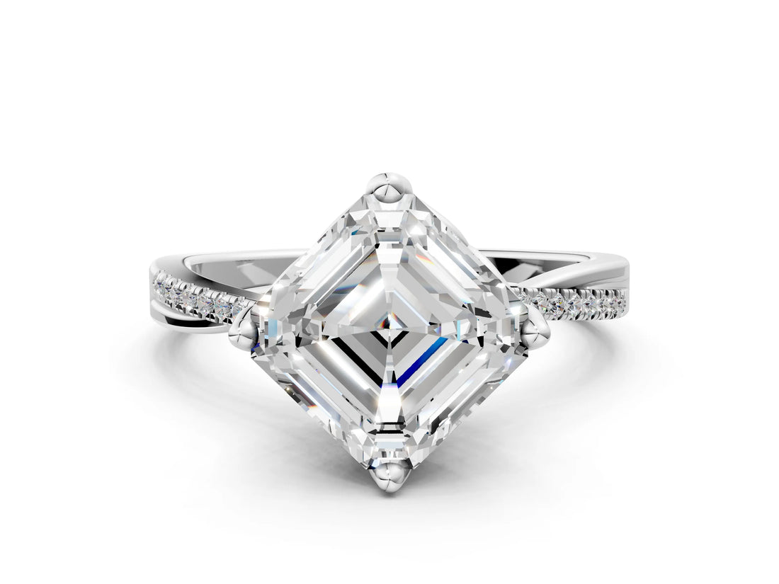 White gold Asscher Solitaire Twist Band with Pavé Diamonds and Four-Prong Setting_74
