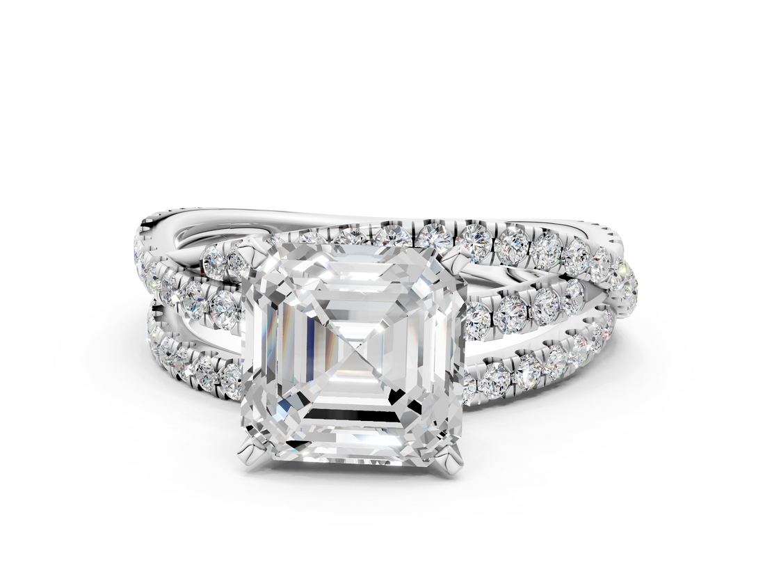 White gold Asscher Solitaire Twist Band with Pavé Setting and Four-Prong Setting_11
