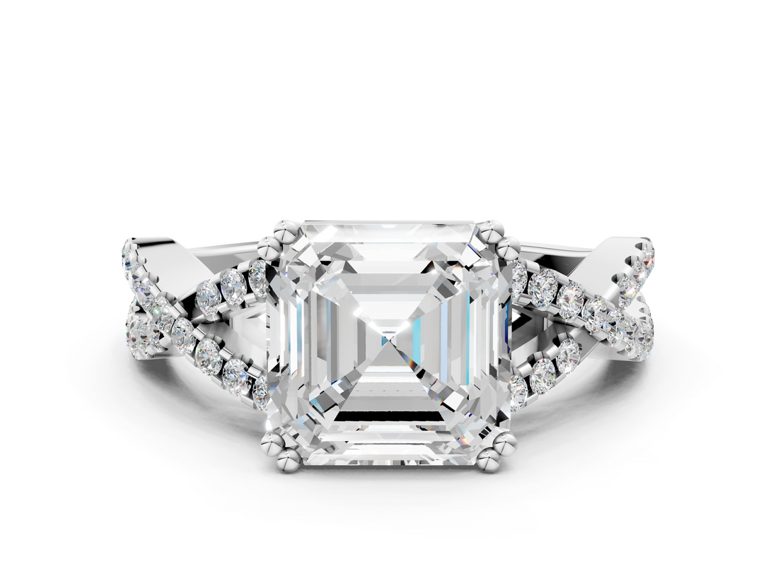 White gold Asscher Solitaire Twist Band with Pavé Setting and Four-Prong Setting_6