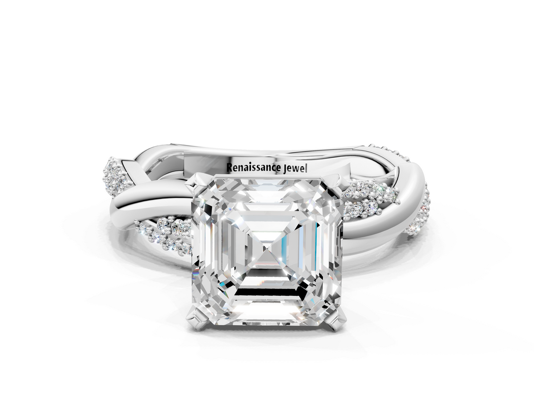 White gold Asscher Solitaire Twist Band with Pave Prong Setting_22