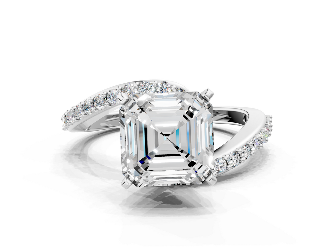 White gold Asscher Solitaire Twist Band with Pave Set Diamonds and Four-Prong Setting_6