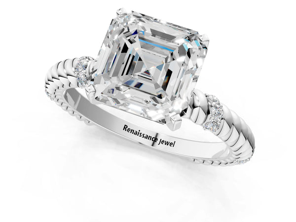 White gold Asscher Solitaire Twisted Band Prong Set Engagement Ring