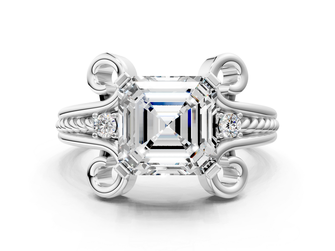 White gold Asscher Solitaire Twisted Band Scroll Prong Ring_3