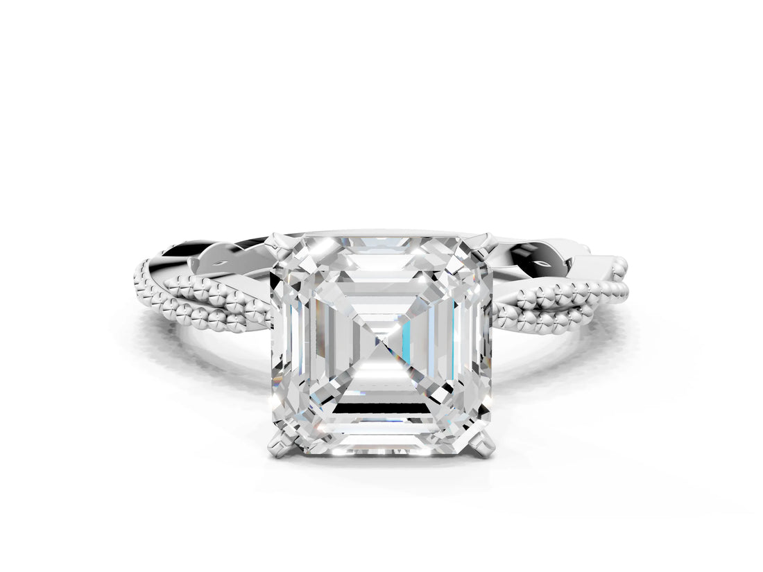 White gold Asscher Solitaire Twisted Band with Bead Prong Setting_52