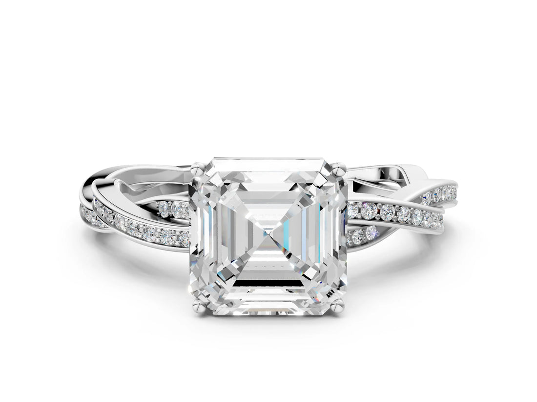 White gold Asscher Solitaire Twisted Pave Diamond Ring with Four-Prong Setting_12