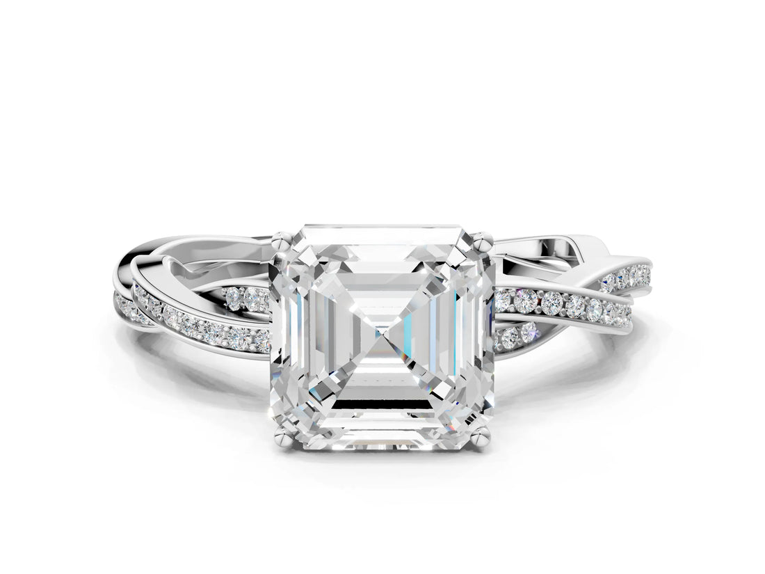 White gold Asscher Solitaire Twisted Pave Diamond Ring with Four-Prong Setting_128