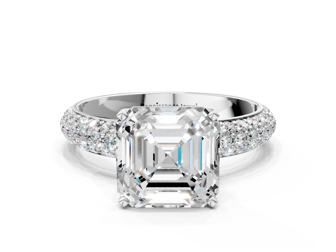 White gold Asscher Solitaire with Pave Band and Four-Prong Setting_23