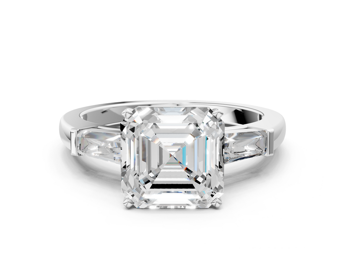 White gold Asscher Solitaire with Tapered Baguette Side Stones on a Classic Band with Four-Prong Setting_7