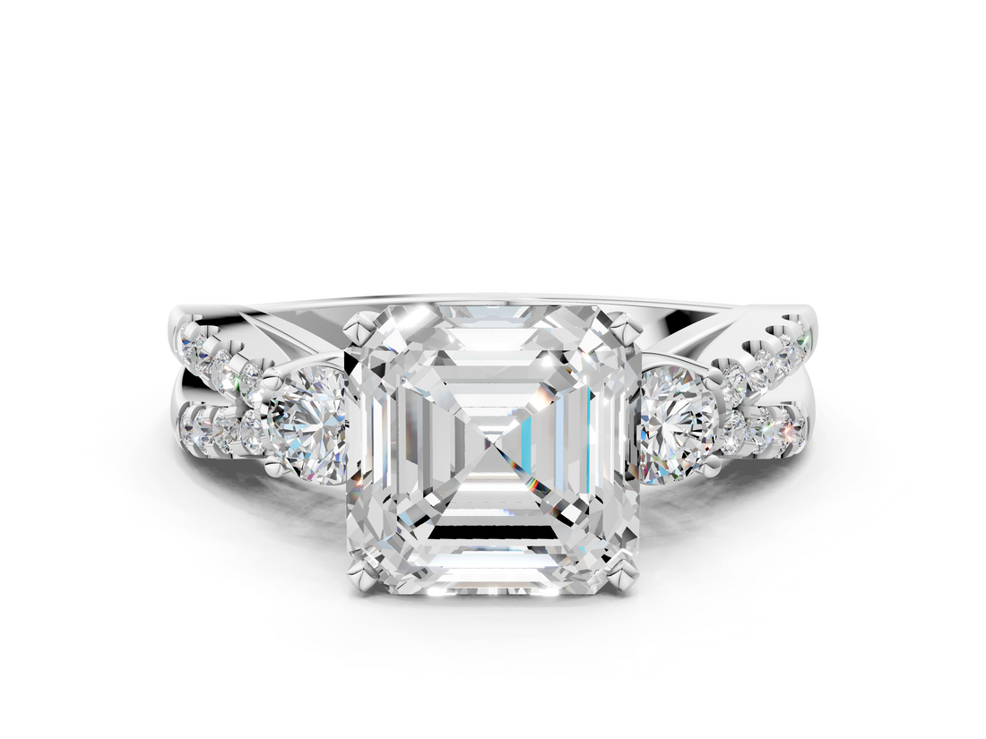 White gold Asscher Three-Stone Diamond Ring with Pavé Split Shank and Four-Prong Setting_30