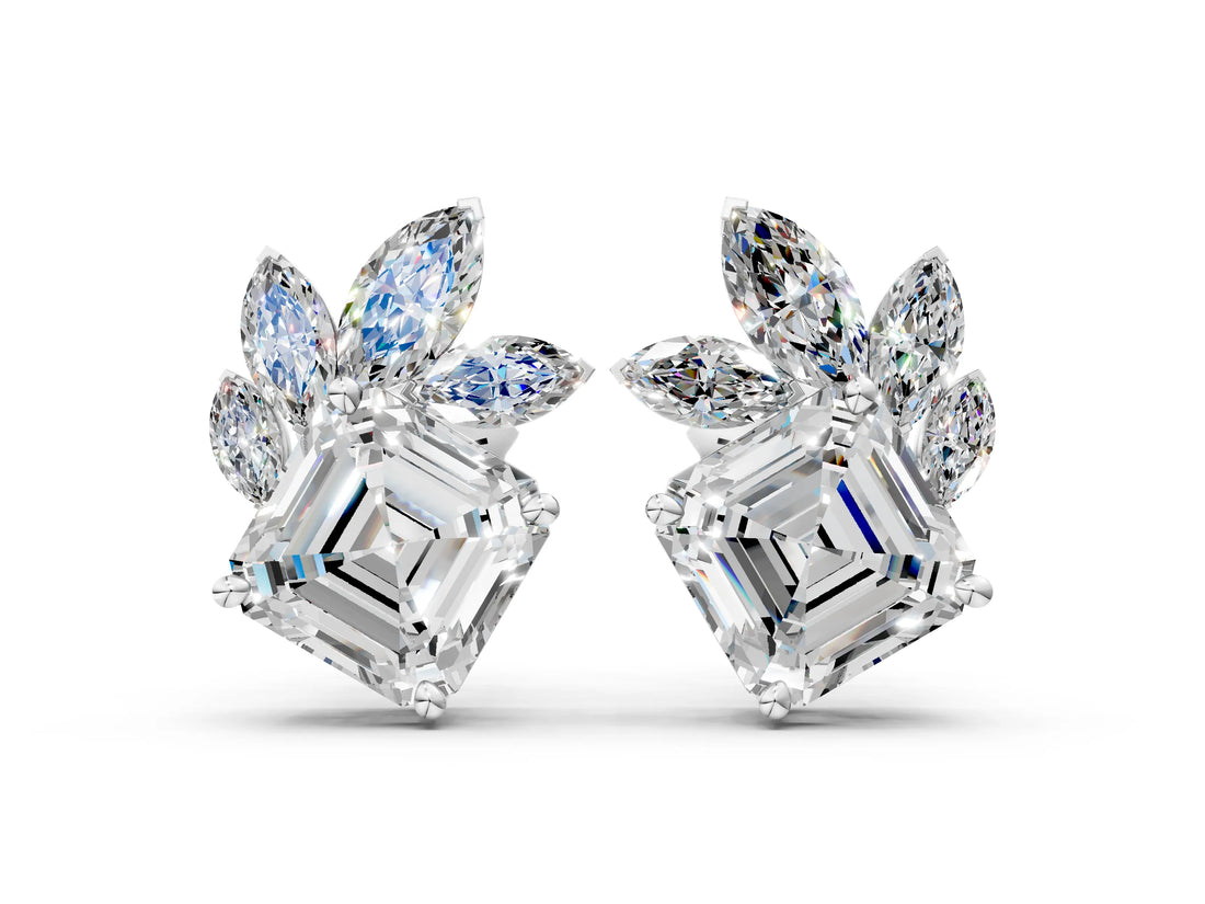 White gold Asscher and Marquise Diamond Cluster Stud Earrings_32