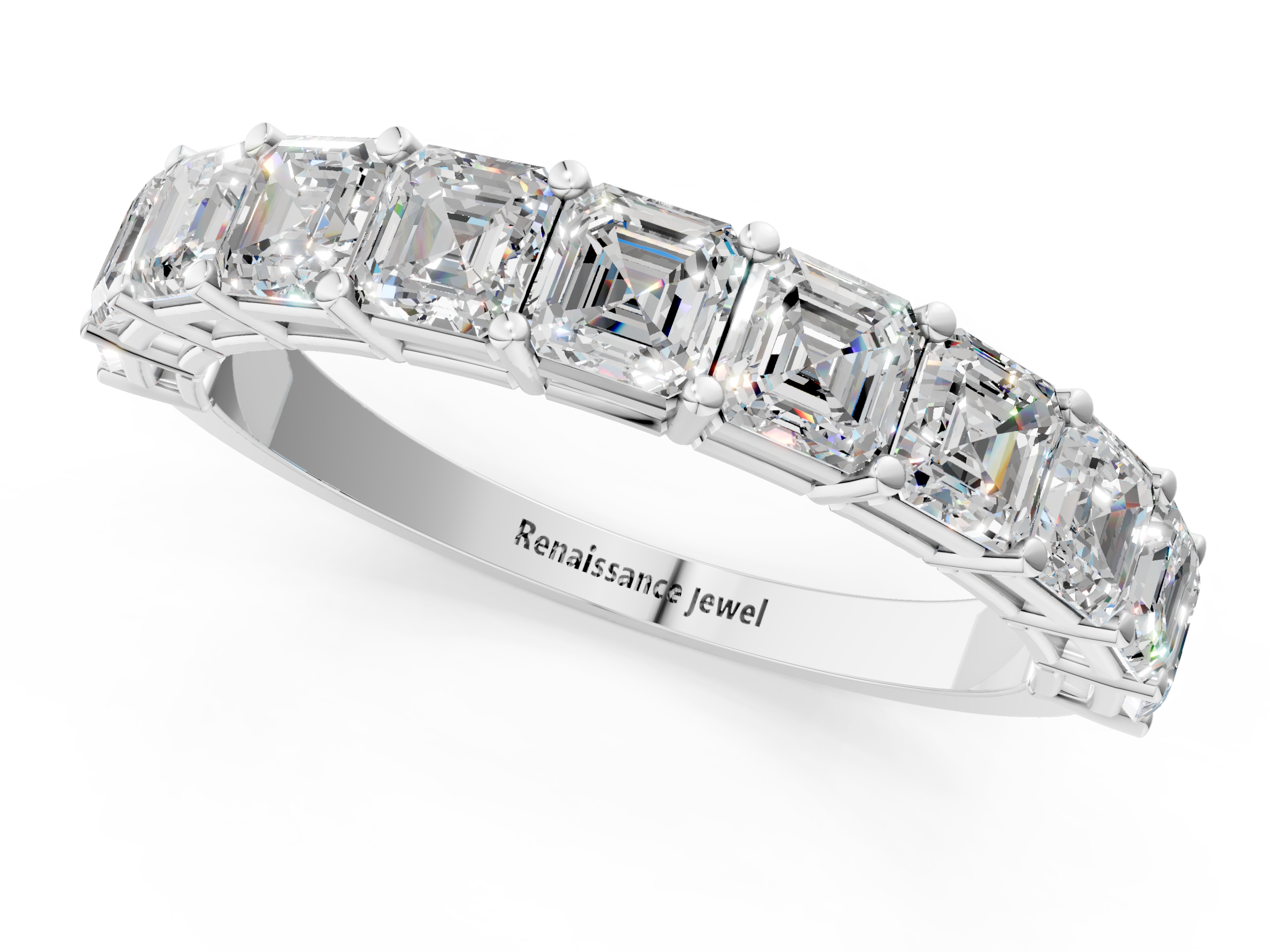 White gold Asscher cut diamond Half Eternity Band with Shared Prong Setting_17