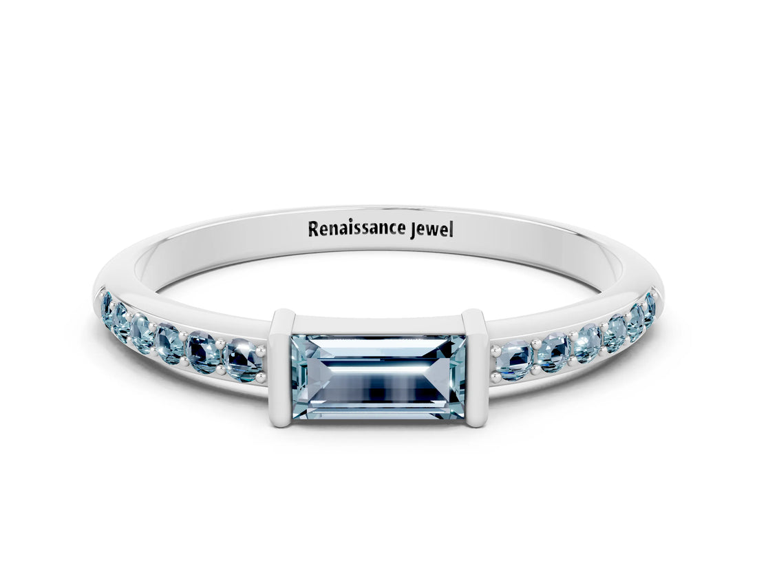 Silver 0.58 Carat Baguette Aquamarine Pavé Band with Bar Setting