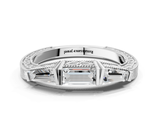 Platinum Baguette Cut Channel Set Milgrain Band with V-Prong Setting