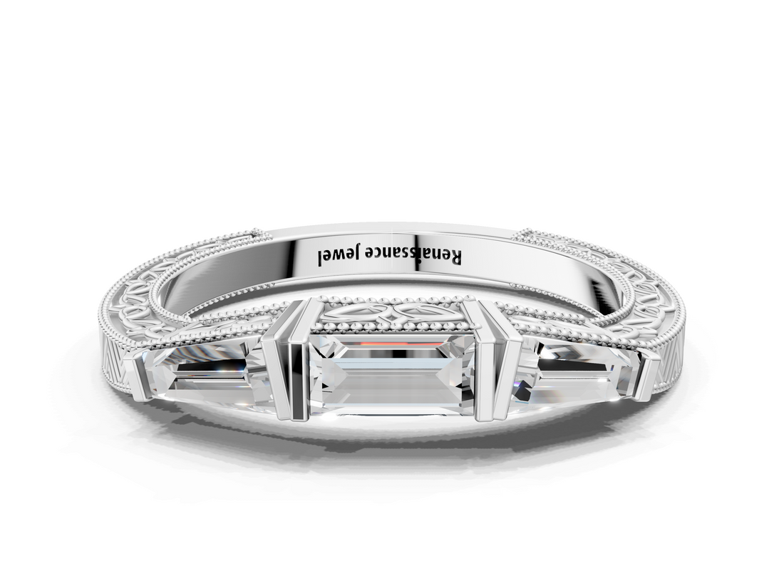 White gold Baguette Cut Channel Set Milgrain Band with V-Prong Setting_12