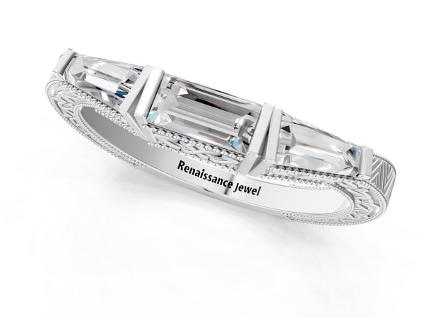 Platinum Baguette Cut Channel Set Milgrain Band with V-Prong Setting