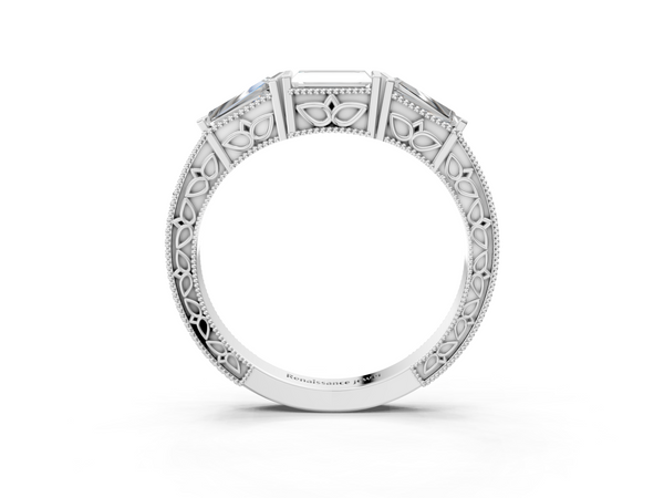 Platinum Baguette Cut Channel Set Milgrain Band with V-Prong Setting