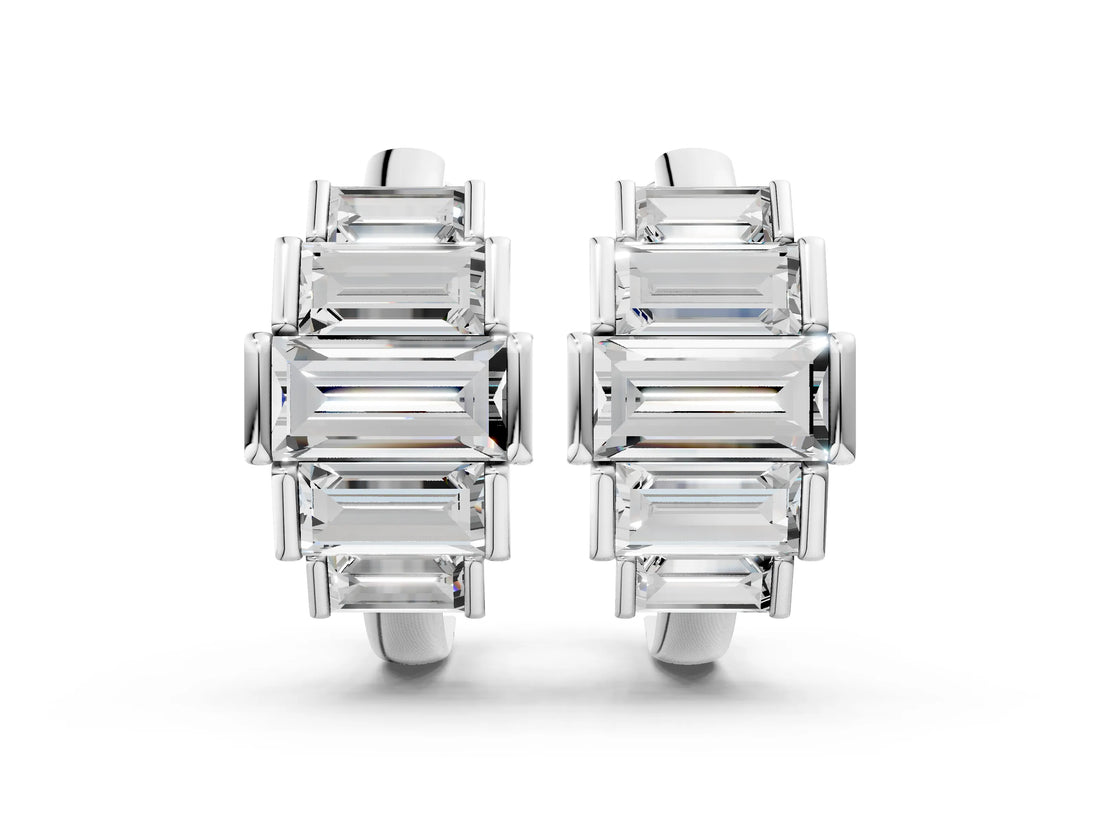 Silver 1.10 Carat E-F VVS-VS Baguette Diamond Graduated Channel Set Hoop Earrings