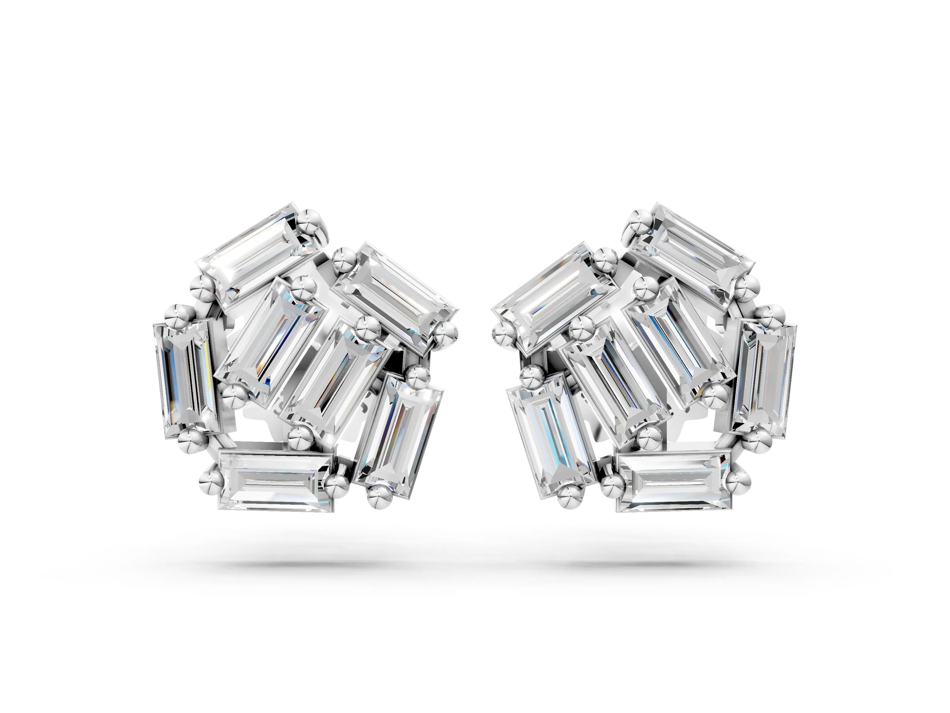 White gold Baguette Diamond Cluster Stud Earrings_8