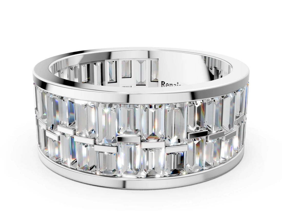 Silver Baguette Diamond Staggered Two-Row Mens Band