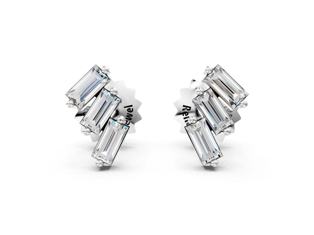 White gold Baguette Diamond Three-Stone Stud Earrings_10
