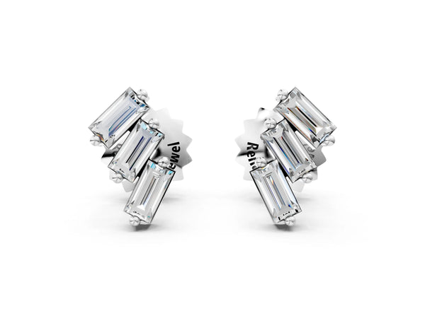 Silver Baguette Diamond Three-Stone Stud Earrings
