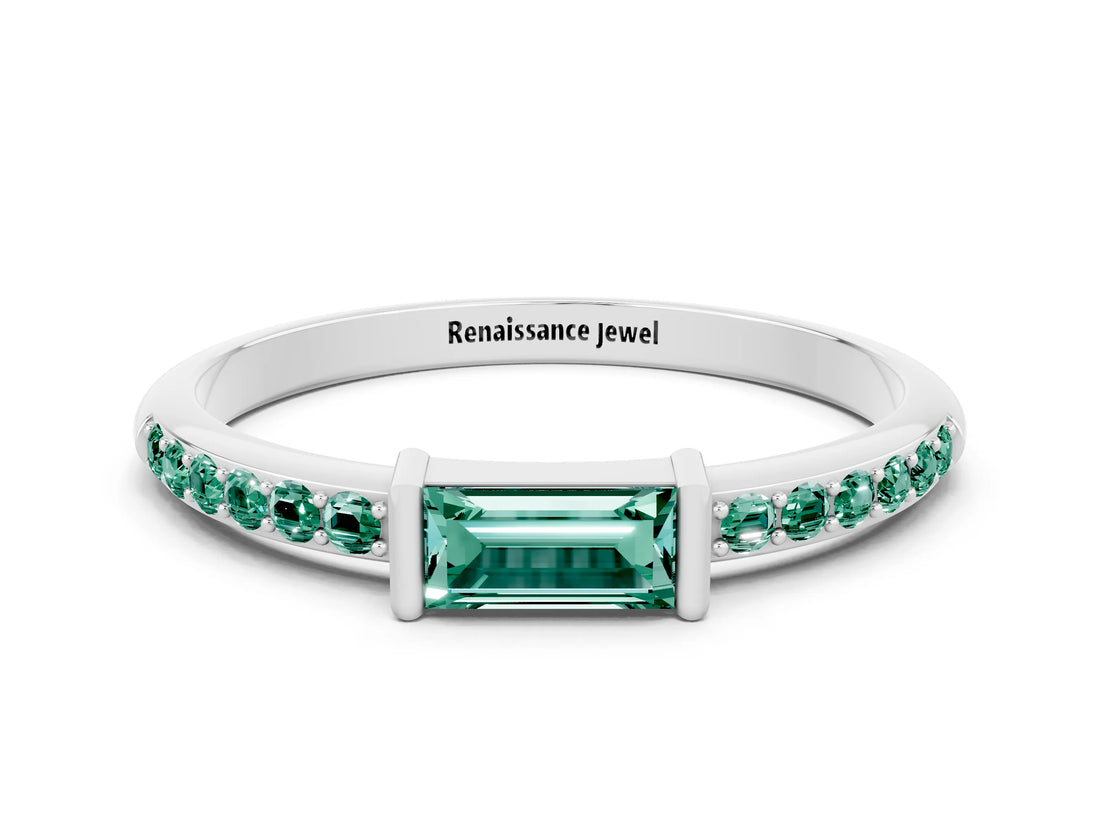 White gold Baguette Green Sapphire Pavé Band with Bar Setting_6