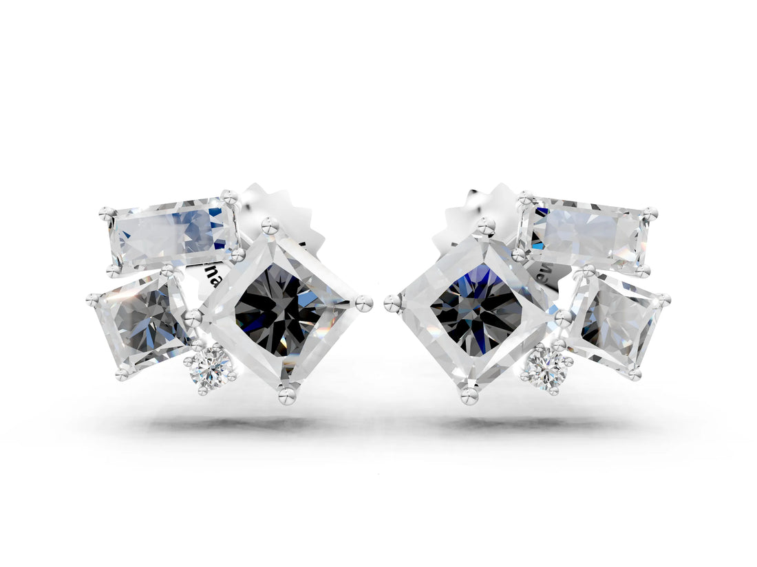 White gold Baguette and Princess Diamond Mosaic Abstract Stud Earrings_88