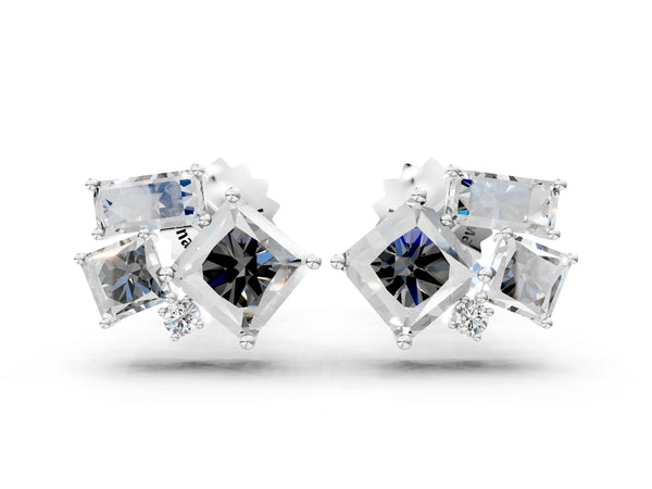 White gold Baguette and Princess Diamond Mosaic Abstract Stud Earrings