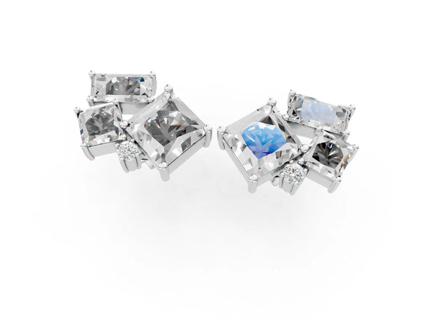 Platinum Baguette and Princess Diamond Mosaic Abstract Stud Earrings