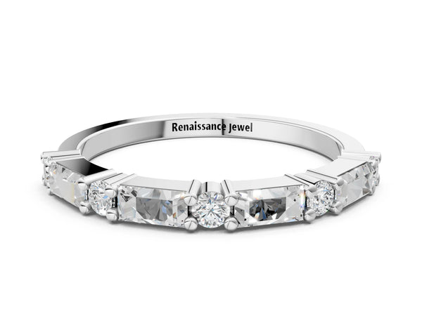 White gold Baguette and Round Diamond Bar Setting Half Eternity Band with Prong Setting