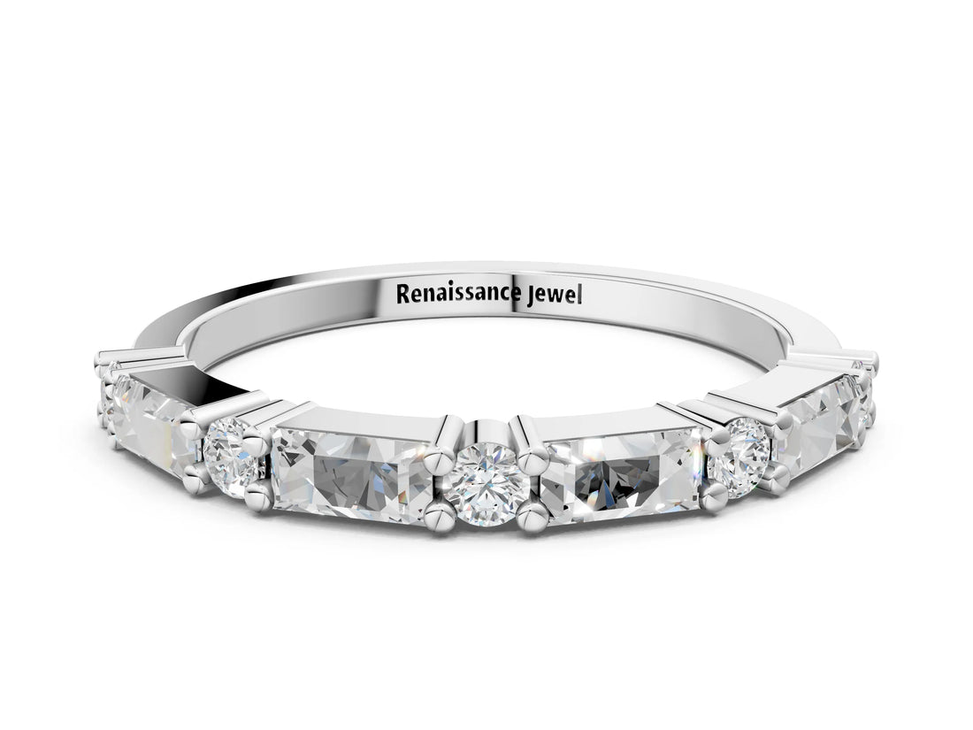 14K White Gold Baguette and Round Diamond Bar Setting Half Eternity Band with Prong Setting