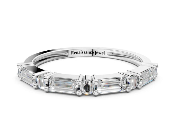 White gold Baguette and Round Diamond Bar Setting Half Eternity Band with Prong Setting