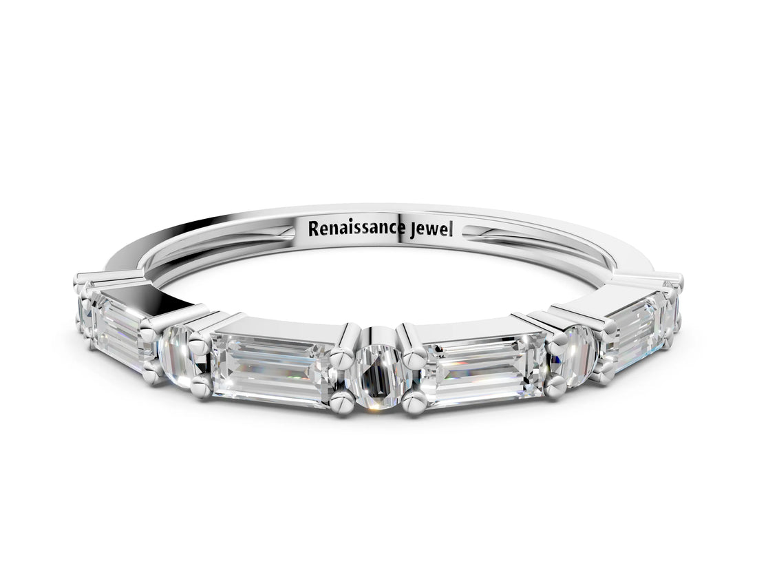 14K White Gold Baguette and Round Diamond Bar Setting Half Eternity Band with Prong Setting