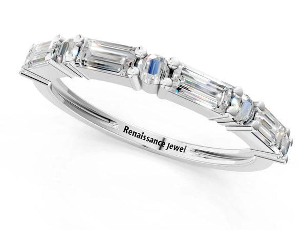 White gold Baguette and Round Diamond Bar Setting Half Eternity Band with Prong Setting