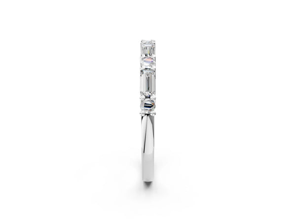 White gold Baguette and Round Diamond Bar Setting Half Eternity Band with Prong Setting