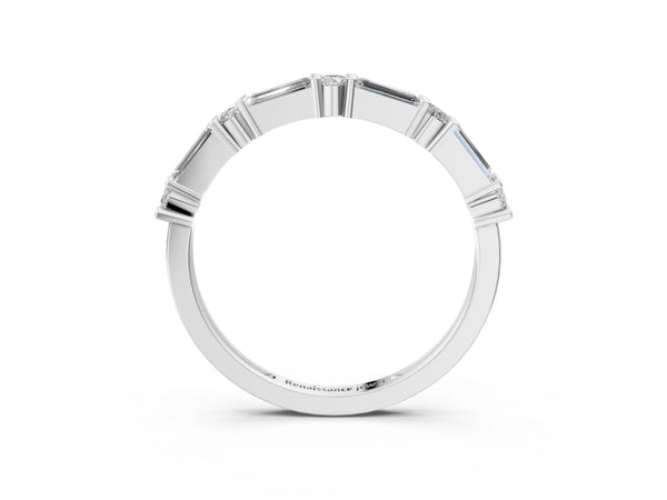 White gold Baguette and Round Diamond Bar Setting Half Eternity Band with Prong Setting