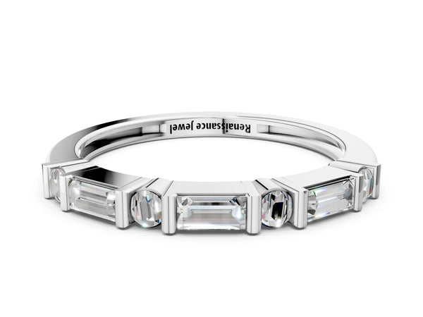 White gold Baguette and Round Diamond Channel Set Half Eternity Band with Bar Prong Setting