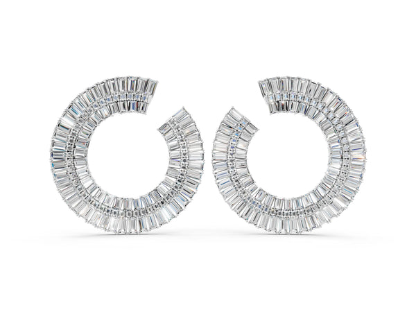 White gold Baguette and Round Diamond Fanned Hoop Earrings