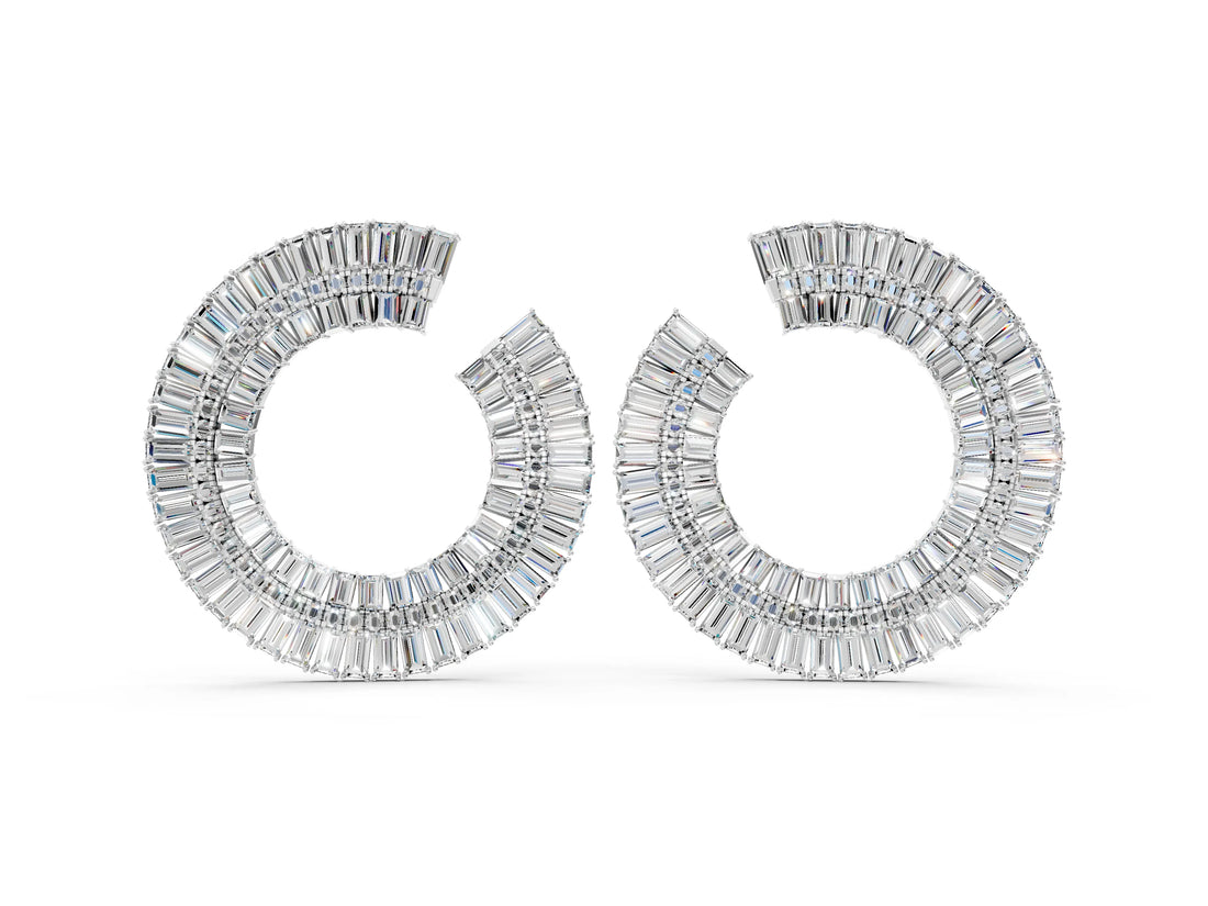 White gold Baguette and Round Diamond Fanned Hoop Earrings