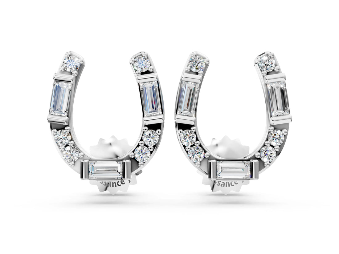 Platinum 0.43 Carat E VS Baguette and Round Diamond Horseshoe Stud Earrings