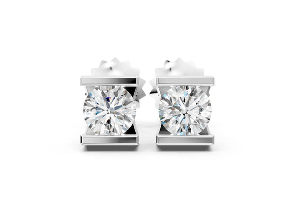 Silver Bar Set Round Diamond Stud Earrings in Silver
