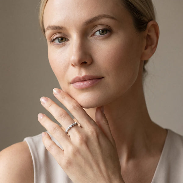 Silver Beaded Round Stone Eternity Band with Bezel Setting