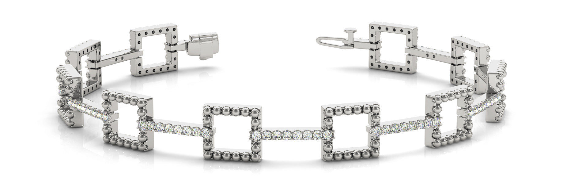 White gold Beaded Square Link Bracelet with Round Cut Diamonds and Channel Setting