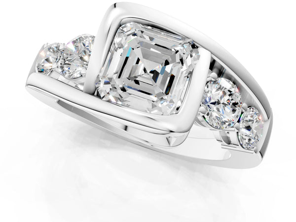 White Gold Asscher Cut Bezel Bypass Engagement Ring Setting with Round Side Accents