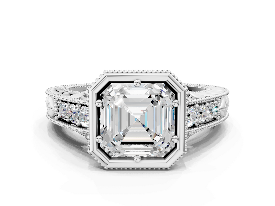 White gold Bezel Set Asscher Diamond Milgrain Pave Engagement Ring_29