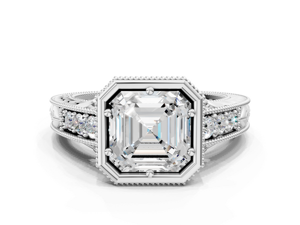 Sterling Silver Asscher Cut Vintage Bezel Solitaire Engagement Ring Setting with Milgrain Pave Band