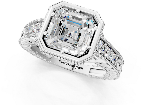 Sterling Silver Asscher Cut Vintage Bezel Solitaire Engagement Ring Setting with Milgrain Pave Band
