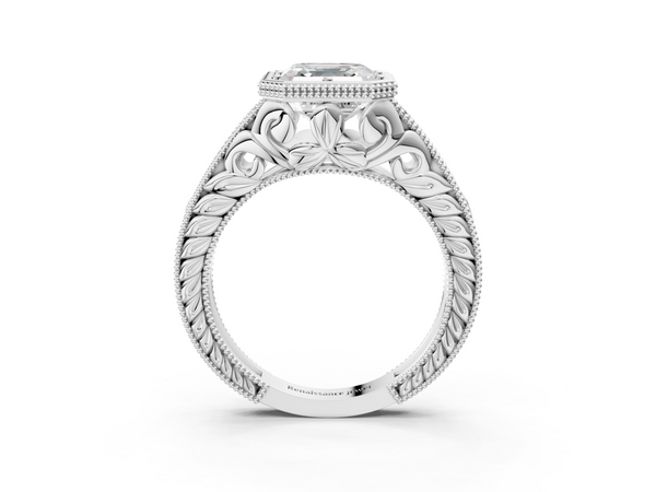 Sterling Silver Asscher Cut Vintage Bezel Solitaire Engagement Ring Setting with Milgrain Pave Band