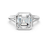 White gold Bezel Set Asscher Solitaire Diamond Ring with Smooth Band